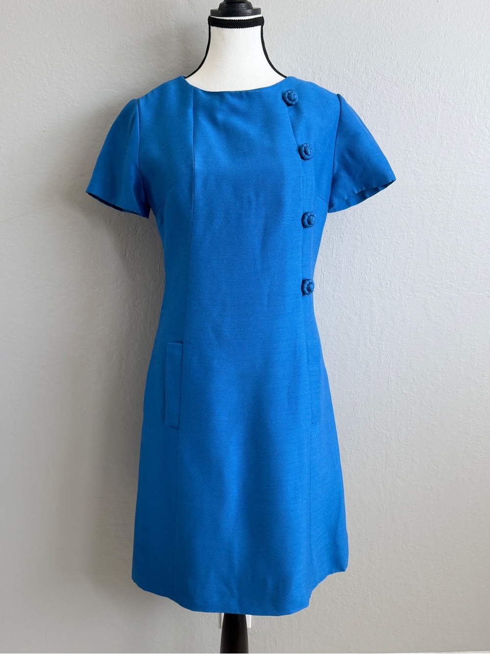 Vintage 60s Leslie Fay Joseph Magnin Mod Shift Dress Blue Frog Knot Union Made S